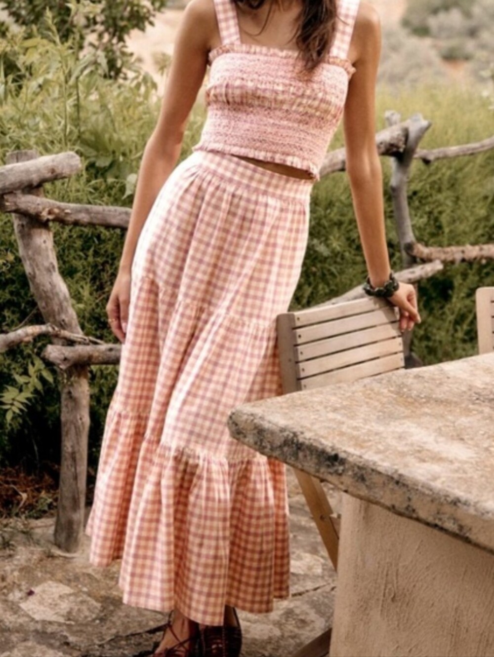 DISCO! Sezane Pink Gingham Tiered Maxi Skirt !